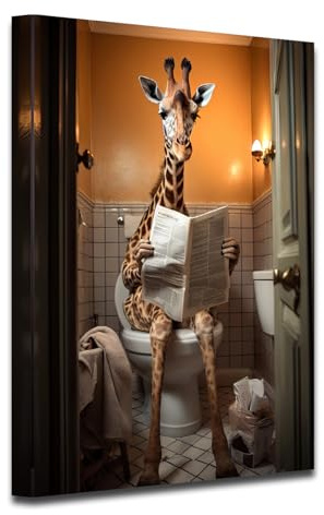 CXHOSTENT Badezimmer Wanddekoration Giraffe sitzt auf der Toilette und liest Zeitung Leinwand Kunstdrucke lustiges Tier Badezimmer Kunstdrucke Dekor (B, 60.00 x 90.00 cms)