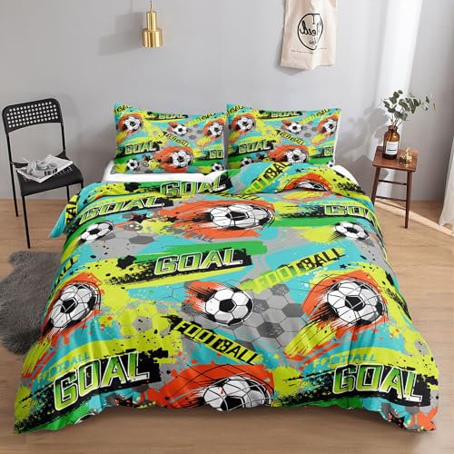 HOSIMA Fußball-Bettwäsche-Set für Jungen und Mädchen, Trendiger, Cooler Graffiti-Cartoon-Fußball-Druck, Bettbezug mit 2 Kissenbezügen(Fußball2 S)