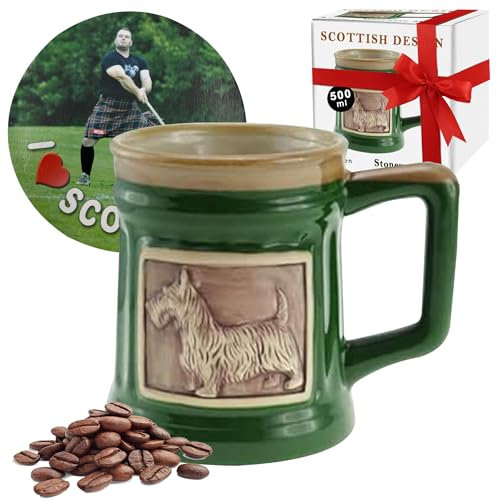 Glen Appin of Scotland Scottie Dog Design Embossed 500ml Stoneware Piping hot Mug: Wide Coffee Tea Hot Chocolate Cups | Christmas New Year Gift Box | Scottish Heritage (Brown), SMG117