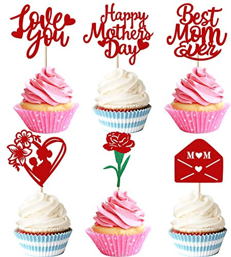SYKYCTCY 24 Pack Happy Mother's Day Cupcake Toppers Glitter Rose Mailbox Love You Mom Cupcake Picks Best Mom Ever Cake Decorations for Mother's Day Party Supplies Red