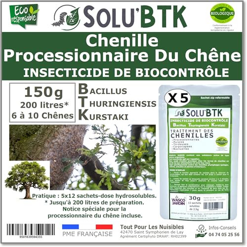 SoluBTK | Chenilles Processionnaires du chêne| 150 g Insecticide Bacillus Thuringiensys | Utilisable en Agriculture Biologique | Pour 6 à 10 Chênes