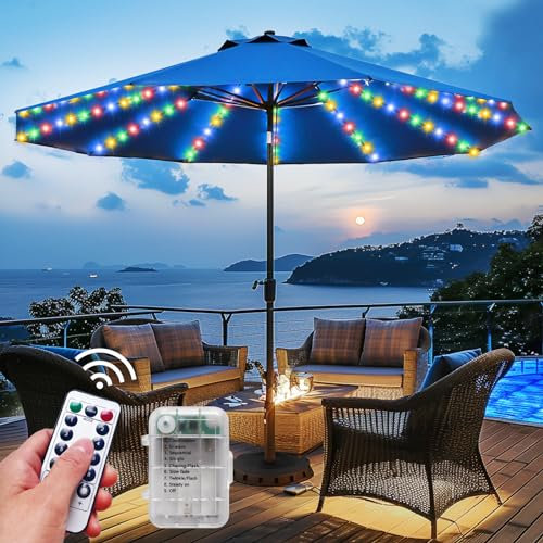 Patio Umbrella Lights Cordless 120 LED Table Umbrella Lights with Remote Control Battery Operated Waterproof Parasol String Lights for 7-11 Feet Outdoor Backyard Beach Umbrella Décor (Multi-Colored)