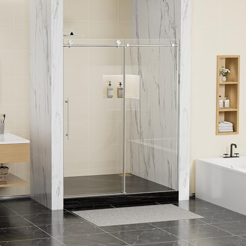 Frameless Sliding Shower Door 56-60 in W x 75 in H,Frameless Shower Door with 5/16 (8mm) Clear Tempered Glass,Silent Soft-Close Design,Brushed Nickel