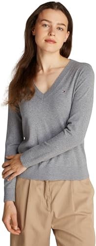Tommy Hilfiger Damen Pullover Jersey Stitch V-Neck Strickpullover, Grau (Mid Grey Heather), XL