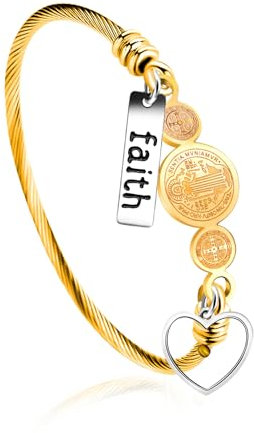 Tobestu Gold Plated Twisted Rope Saint Benedict Medal Bangle Bracelets for Girls - Stainless Steel Faith Heart-Shape Mustard Seed Bracelet for Church Events Y4231