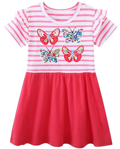 FILOWA Dress for Girls Kids Cotton Short Sleeve Red Stripe Butterfly Flower Embroider Dresses Cute Pattern Outfit Summer Spring Casual Fashion Clothes School Birthday Party Wedding Toddler Age 2-3