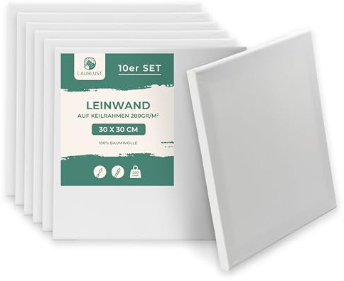 LAUBLUST Keilrahmen 30x30cm 10er Set - Weiß | Leinwand Set Maltuch aus 100% Baumwolle - Leinwände 280 g/m² | Vorgrundiert, Säurefrei - Keilrahmenset Leinwand zum Bemalen für Acryl-, Aquarell-, Ölfarbe