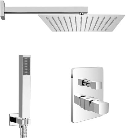 Set doccia da incasso completo di miscelatore con deviatore, braccio con soffione 30 cm e kit con doccino, presa acqua e flessibile, LOTUS