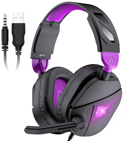 Gaming Headset Stereo Surround for PC, 2m Gaming Headphones Wired with Noise Canceling Mic, PS4 PS5 Headsets with Soft Memory Earmuffs, RGB Light, Over Ear Headphones for Xbox One Mac Laptop, Purple