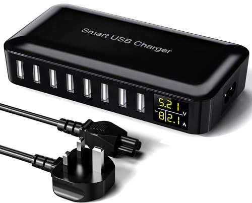 Sanicata USB Charging Station - 8 in 1 USB Charger with 4ft Extension Cord, USB Multiport Charger with LED Display, USB Charging Hub for Apple iPhone, iPad, Samsung, Tablet, Travel, Home, Office-black