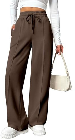 PINSPARK Damen Jogginghose High Waist Sporthose Weites Bein Sweatpants mit elastischem Bund Yogahose Trainingshose Fitness Sweathose Baggy Freizeithose mit Taschen Braun L