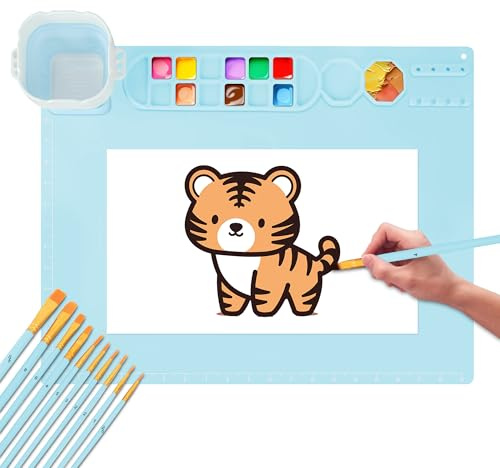 MEKOTRIN Silicone Craft Mat, Painting Mat 20 x 16 Large Silicone Paint Mat with 10 Paint Brushes Water Cup and Paint Holder for Watercolour Clay Cutting Art Creation and DIY(Blue)