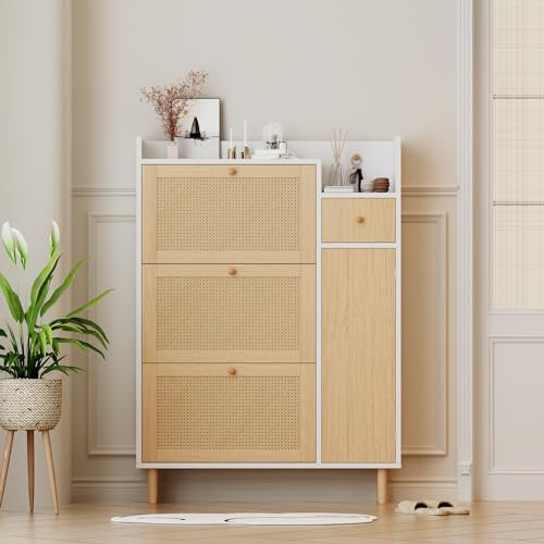 Moimhear Holzwerkstoff Schuhschrank aus Rattan – geeignet für Enge Eingänge – 3 Kipp-Türen und 1 Schublade – mit Massivholzbeinen und Griffen (Weiß+Holzfarbe, 90x17x125cm)
