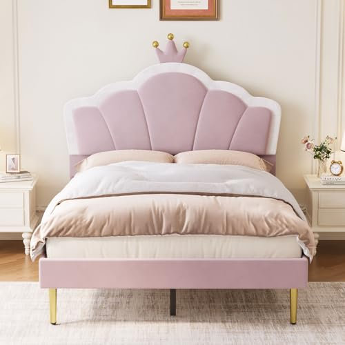Aptliton Double Bed Frame, Soft Velvet Upholstered Bed, 4ft6 Shell Shape Bed with Removable Crown, Adjustable Headboard, Golden Iron Legs, Wooden Slatted Frame, 135 * 190cm, Light Pink