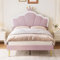 Aptliton Double Bed Frame, Soft Velvet Upholstered Bed, 4ft6 Shell Shape Bed with Removable Crown, Adjustable Headboard, Golden Iron Legs, Wooden Slatted Frame, 135 * 190cm, Light Pink