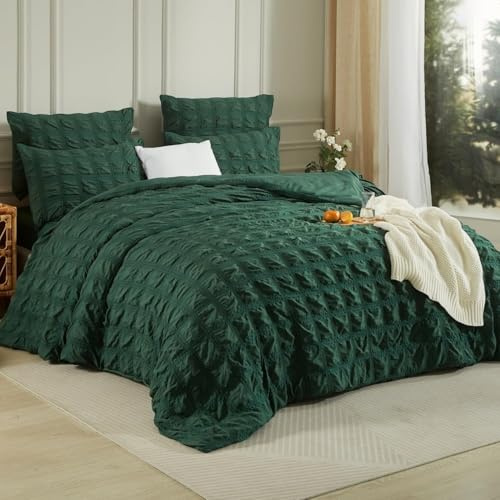 Luowei Seersucker Bettwäsche 155x220cm Kariert Dunkelgrün Grün Flauschig Bügelfreie Bettwäsche Aesthetic Set Sommer Kühlend Bettbezug 155x220 mit Reißverschluss und 2 Kissenbezug 80x80 cm