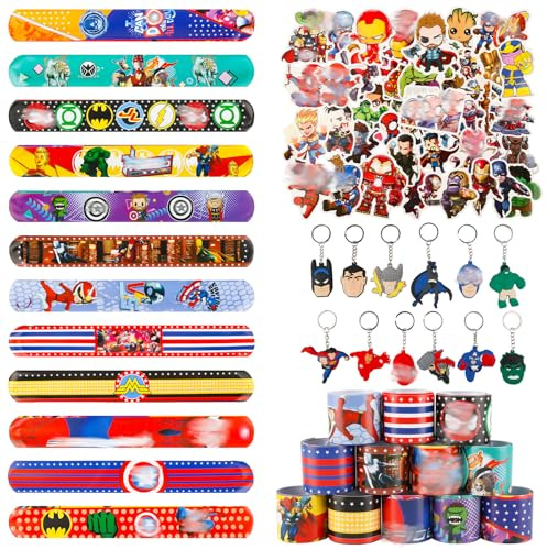 74pcs Aveng-e Party Mitgebsel, 50pcs Aufkleber, 12pcs Armband, 12 Schlüsselanhänger, Mitgebsel Kindergeburtstag für Kinder Jungen Mädchen