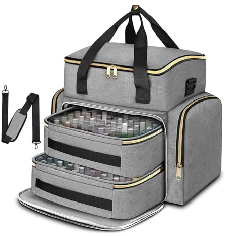 Nail Polish Organiser with 3 Layers Holds 80 Bottles, Removable Nail Polish Storage Bag Make up Case Portable Travel Makeup Bag Cosmetic Storage Bag Vanity for Nail Lamp Tools Accessories (Gery)