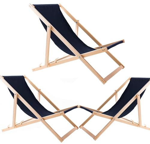 WOODOK Liegestuhl Klappbar - Gartenliege Klappbar bis 120kg, Sonnenliege aus Buchenholz ohne Armlehne (3X Marineblau)