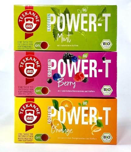 Teekanne Power-T 3er Pack Tee - Orange + Mint + Berry mit natürlichem Aroma und Koffein | 3x 18 Beutel = 117g