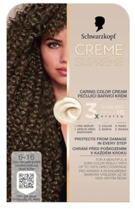 SCHWARZKOPF CREAM SUPREME 6-16 Cool Ash Dark Blonde, Hair dye that provides deep care, Protection against damage, Beautiful and even color result, Up to 100% coverage of white hair, Pack of 1