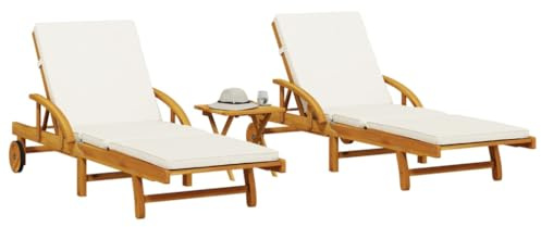 Holamys Gartenliege Set für Außenbereich, 2 Akazienholz Sonnenliegen mit Tisch, manuelle Liegefunktion, robuste Terrassenmöbel