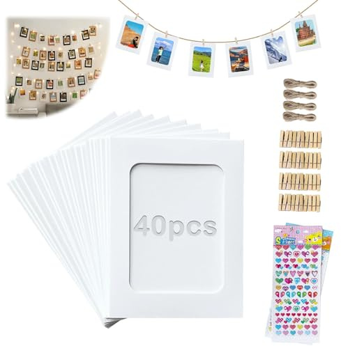PDKKFF 40 Stück Fotogirlande 10x15cm, 6 Zoll Kraftpapier Fotorahmen | Weiß Papier Bilderrahmen mit Holzklammern, Hanfseil, Aufklebern für Foto-Deko, Hochzeit, Geburtstag, Party, Jubiläum