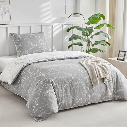 Lekesky Bettwäsche 155x220 2teilig + 1 Kissen 80x80, Grau Weiß Zweig | 1 Bettbezug 155x220, 1 Kissenbezüge 80x80 mit Reißverschluss, Bedding mit Reißverschluss, Mikrofaser Maschinenwaschbar