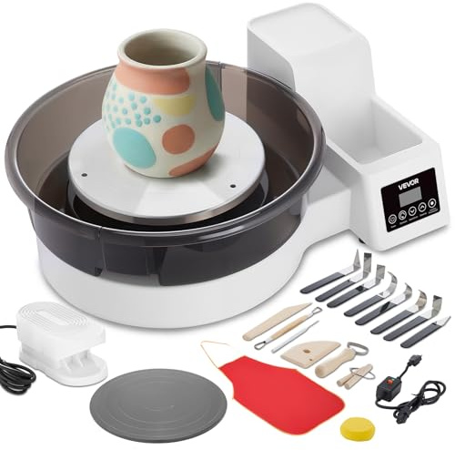 VEVOR Tornio da Ceramica Elettrico Bianco da 450W con Pedale, Piatti Girevoli da 36 e 28 cm, velocità Regolabile da 30 a 300 Giri/min, Vasca Rimovibile, per Principianti Lavorazione Argilla Creta