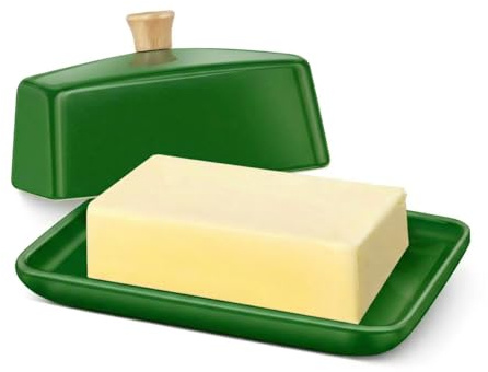 Flexzion Extra Large Ceramic Butter Dish with Lid, 8 Inch, Dark Green