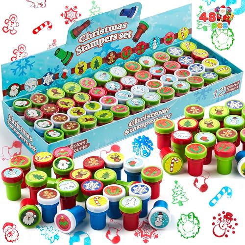 JOYIN 48 Stück Weihnachten Stempelset für Kinder, Selbstfärbende Stempel (12 Verschiedene Designs, Plastikstempel) für Gastgeschenke, Stocking Stuffers, Schulpreise und Mitbringsel