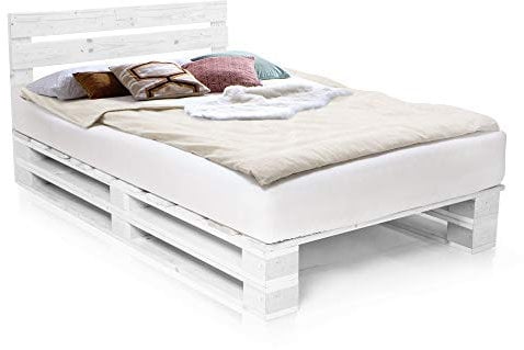 PALETTI Palettenbett inklusive Kopfteil Massivholzbett Holzbett Bett aus Paletten mit 11 Leisten, Palettenmöbel, 140 x 200 cm, Fichte Weiss