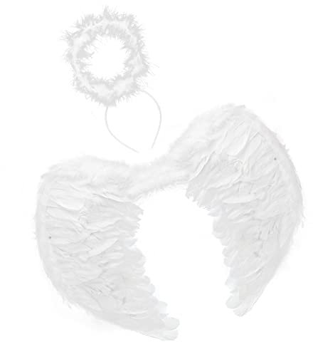 Jackcell Engelsflügel Kostüm, Engelskostüme Federn für Kinder Erwachsene mit Heiligenschein für Halloween, Karneval, Cosplay, Party, Fasching, weiß, groß 65 x 45 cm