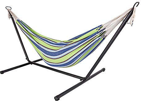 Outdoor Doppel Hängematte mit Gestell 285 x 120 x 110 cm - grün blau - Stabhängemate für 2 Personen - bis 150 Kg belastbar