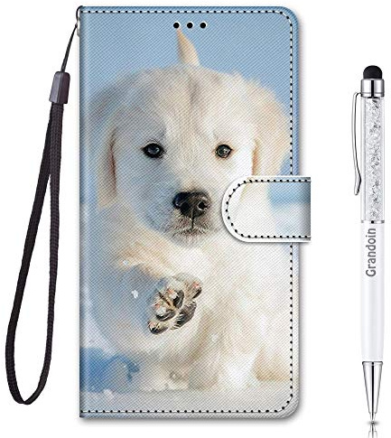 Grandoin Kompatibel mit Samsung Galaxy A21S Hülle, Handyhülle im Brieftasche-Stil, Handytasche PU Leder Flip Cover Kreative Muster Book Hülle Case Schutzhülle für Galaxy A21S (Hündchen)