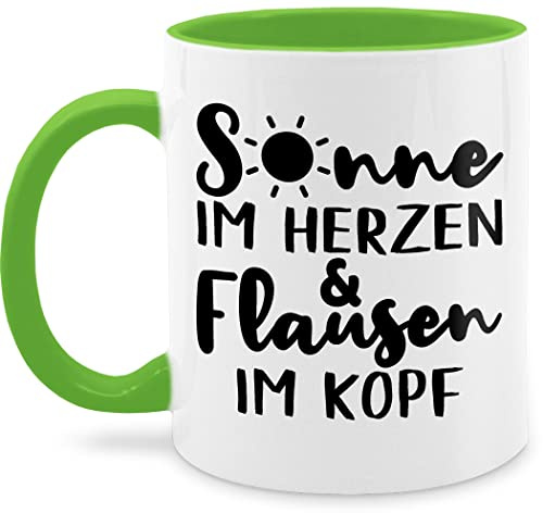 Tasse Tassen 325ml - Statement Sprüche - Sonne im Herzen und Flausen im Kopf - schwarz - 325 ml - Hellgrün - spruchtasse sarkasmus kaffeetasse spruchtassen spruch teetasse