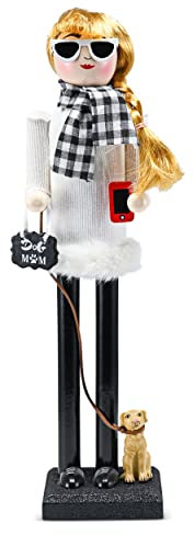 Ornativity Christmas Dog Mom Nutcracker – White and Black Wooden Nutcracker Woman with Dog on Leash and a Smartphone in Hand Xmas Themed Holiday Nut Cracker Doll Figure Decorations 15