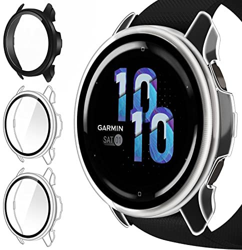 iVoler 3 Piezas Funda para Garmin Venu 2S 40mm / Garmin Vivoactive 4S 40mm, Protección Completa Protector de Pantalla de Cristal Vidrio Templado Duro PC Anti-arañazos Carcasa, 2 Transparente + 1 Negro