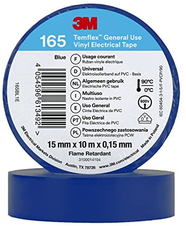 3M Temflex Cinta eléctrica de vinilo 165, azul, 15 mm x 10 m, 100 rollos/caja