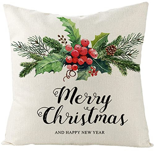 KnSam 45x45cm Weihnachten Kissenbezug, Merry Christmas Blumen Cluster Dekokissen Leinen Weich Quadratische Kissenhülle für Zuhause Wohnzimmer Schlafzimmer Büro Sofa Dekoration, Weiß