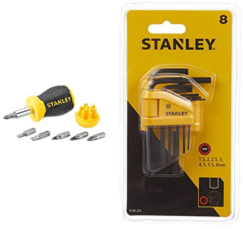 STANLEY 0-66-357 Cacciavite PortaInserti Magnetico, Set di 6 Inserti, Nano & 0-69-251 - Set di 8 chiavi esagonali maschio (brugola) piegate corte