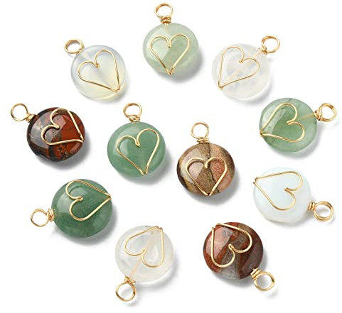 Airssory 30 Stück zufällige Edelstein-Kristall-Chakra-Stein-Anhänger, drahtgewickelt, flach, rund, mit Herz-Anhänger für Schmuckherstellung