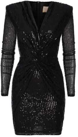 Swing Fashion Women's Dolores | Schwarz Minikleid Damen | Elegantes Festliches Partykleid | Abendkleid | Hochzeitskleider | Kurzkleid | Kleid mit Pailletten | V-Ausschnitt | Langarm 38 (M)
