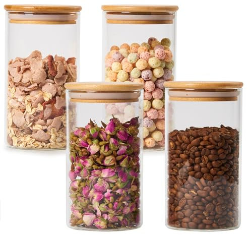 EZOWARE Set of 4 High Borosilicate Glass Storage Jars with Airtight Bamboo Lid Set, 700ml Clear Kitchen Pantry Food Canister Container For Cereal, Pasta, Nuts, Spices, Flour, Coffee