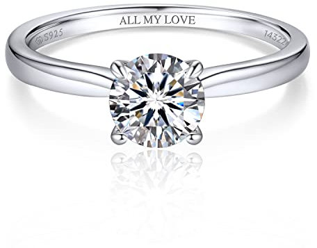 MomentWish Personalisiert Verlobungsring Damen, 1 Karat Solitär 925 Sterling Silber Moissainte Ringe D Farbe VVS1 Muttertagsgeschenk mit Geschenkbox Gra Zertifikat-Größe56