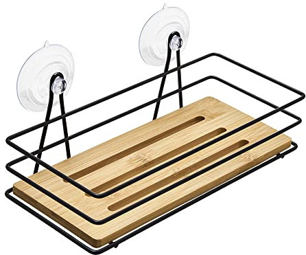 Jotta Duschregal mit Saugnäpfen Duschablage ohne Bohren schwarz Bambusholzbrett einfache Befestigung Scandic Design