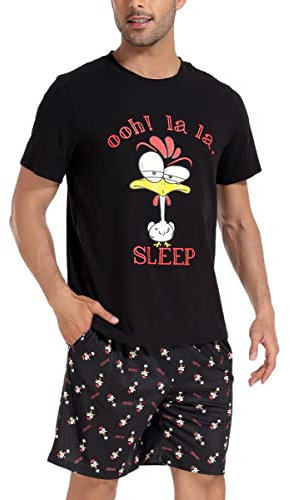 Jezonga Schlafanzug Herren Kurz Pyjama Lustig Baumwolle Shorty Nachtwäsche Zweiteilige Pyjamas mit Hahn T-Shirt und Schlafanzughose für Männer,Schwarz,L