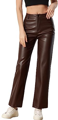 Allegra K Faux Leather Pants for Women's High Waist Straight Leg Punk PU Trousers Medium Brown