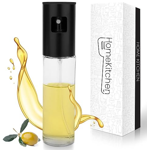 HomeKitchen® Öl Sprühflasche für Olivenöl, Speiseöl zum Kochen, Backen, Grillen, Sprühflasche 100ml aus 100% BPA-freiem Glas, nachfüllbares Öl Spray + Gratis Rezepte