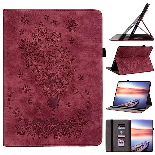 Ufgoszvp Tablethülle für Kindle Fire HD 10 Tablet (7th/9th Generation 2017/2019) Hülle Schmetterlingsblume Flip Case PU Leder Tasche Schutzhülle Cover mit Ständer und Kartensteckplatz, rot